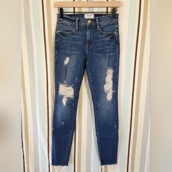 Frame Denim Le High Distressed Skinny-Leg Cropped Raw-Edge Jeans, size 24 - Picture 4 of 11